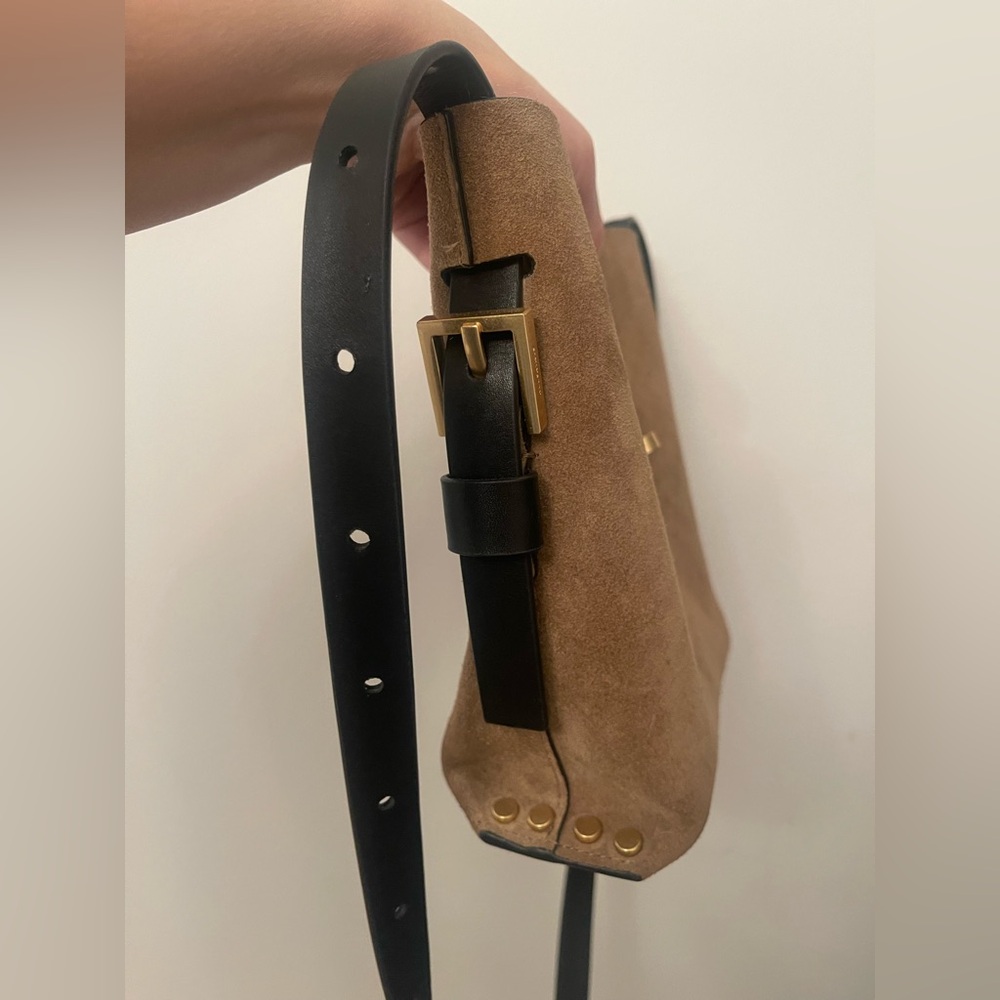 AllSaints Suede Crossbody Bucket Bag in Taupe with Black Strap - Picture 11 of 13